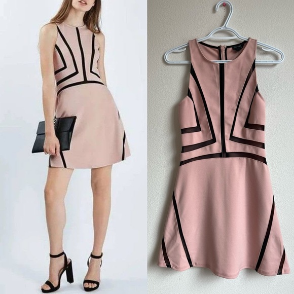 Topshop Dresses & Skirts - Topshop Dusky Pink Short Skater Sleeveless Black Mesh Inset Stripe Dress